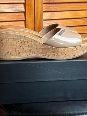BCBGeneration Taupe Patent Cork Wedge Slide